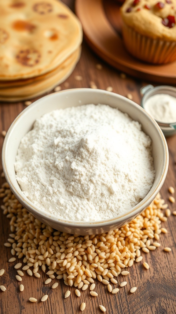 A bowl of quinoa flour with whole quinoa seeds and baked goods in the background.